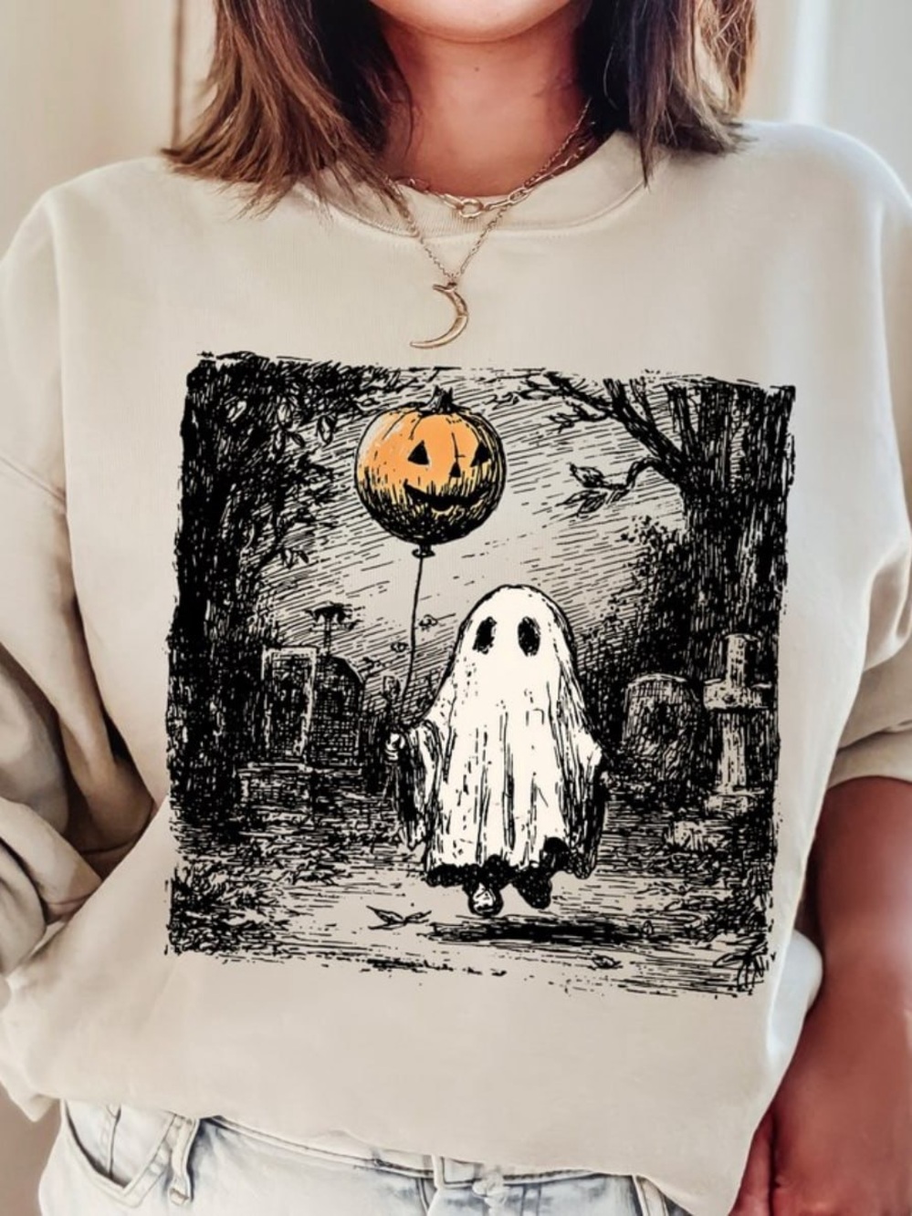 Cream Halloween Ghost Sweatshirt with Orange Pumpkin Balloon